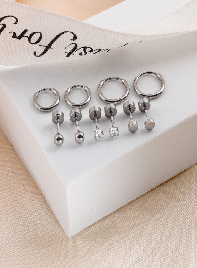 Staligue 5 Pairs Pure Titanium Earrings for Women - 20G Hypoallergenic Flat Back Earrings - Studs & Hoops Set with CZ(Silvery) - Image 3